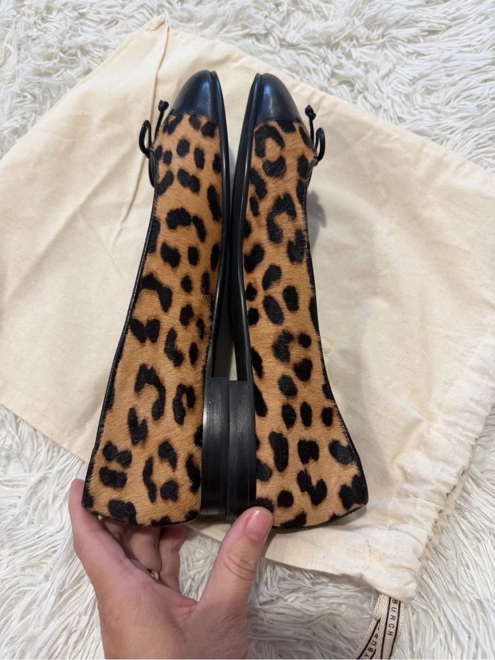 Tory Burch Cap-Toe Ballet Black and Brown Leopard Printed Hair Calf - Size 9 - N